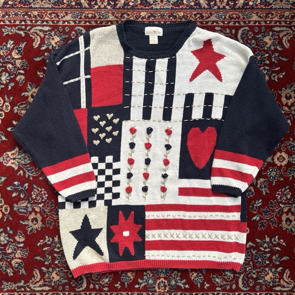 Hunters Run USA Sweater Grannycore Vintage Size 1X  America 4th Of July Holiday